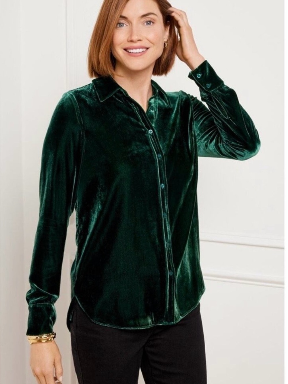 NWT Talbots Velvet Button Down Shirt Forest Green Petite Large PL